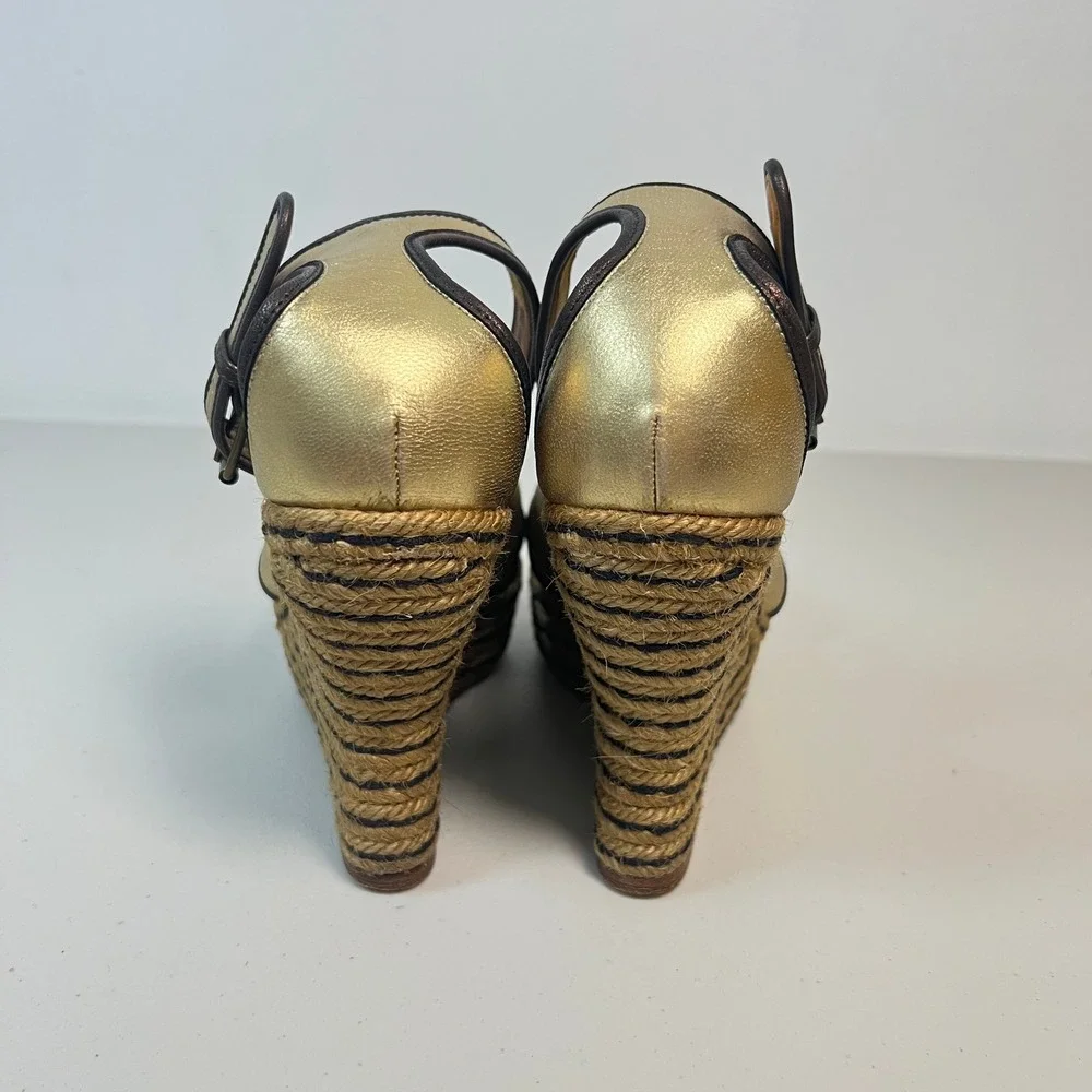 Lanvin Womens Wedge Espadrille Platform‎ Sandal Gold Brown Size 39 8